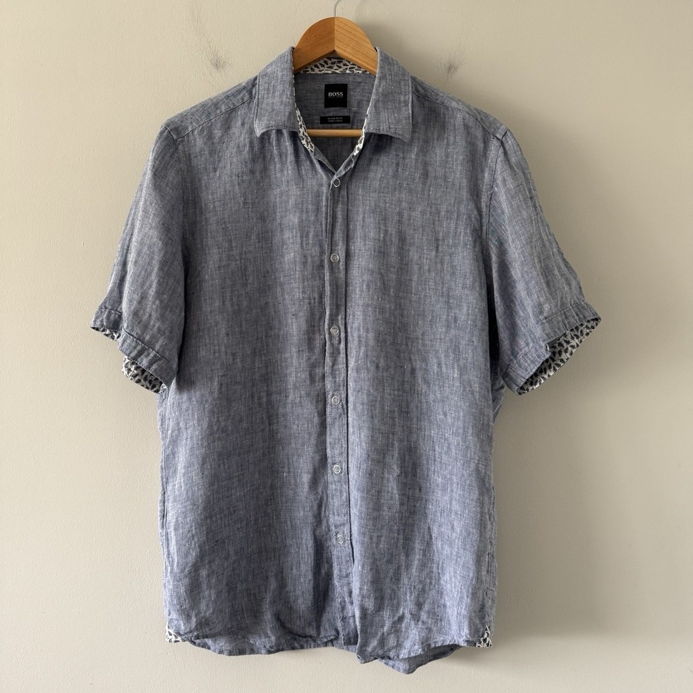 Hugo Boss Linen Button Up Shirt Mens M Short Sleeve Beach Festival Casual Blue